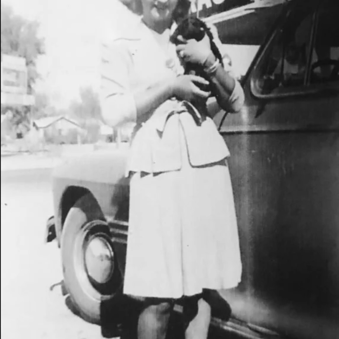 A young Stella Sobchik, co-founder of Atomic Liquors, photographed on Fremont Street in the 1950s